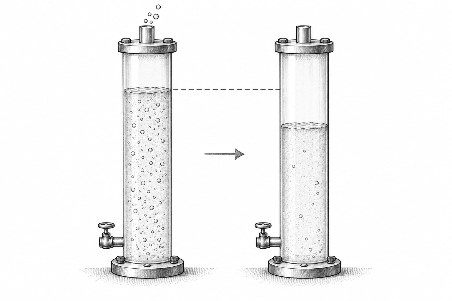 Two matching liquid columns showing a higher aerated level before gas release and a lower level with fewer bubbles afterward
