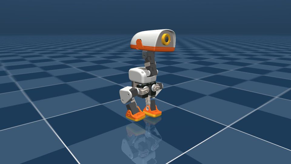 The MicroDuck biped mid-stride on a checkered floor